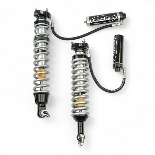 RADFLO OE REPLACEMENT 2.5 FRONT & REAR COILOVER KIT FORD BRONCO 2021+ WITH REMOTE RESERVOIRS ADJUSTERS EXTENDED TRAVEL FOR USE WITH AFTERMARKET UCA
