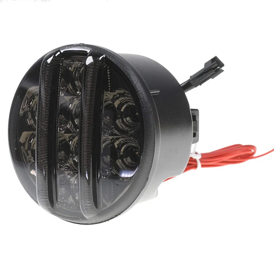 A round black motorcycle LED headlight with a smoked lens, showing internal LED light elements, a black connector plug, and red wiring harnesses on a white background.