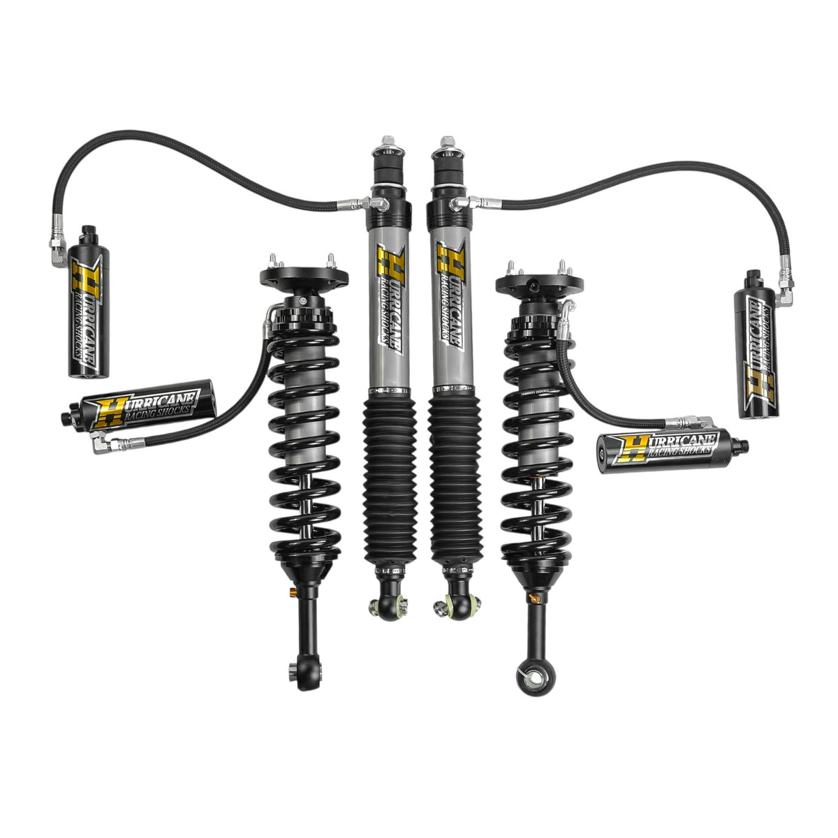 Hurricane Racing Shocks Extreme Series 2.5 Front Coil-Over and 2.5 Monotube Rear Shocks with Remote Reservoir and 3-Way Damping Adjustment for Land Cruiser 250 (2024–2026)