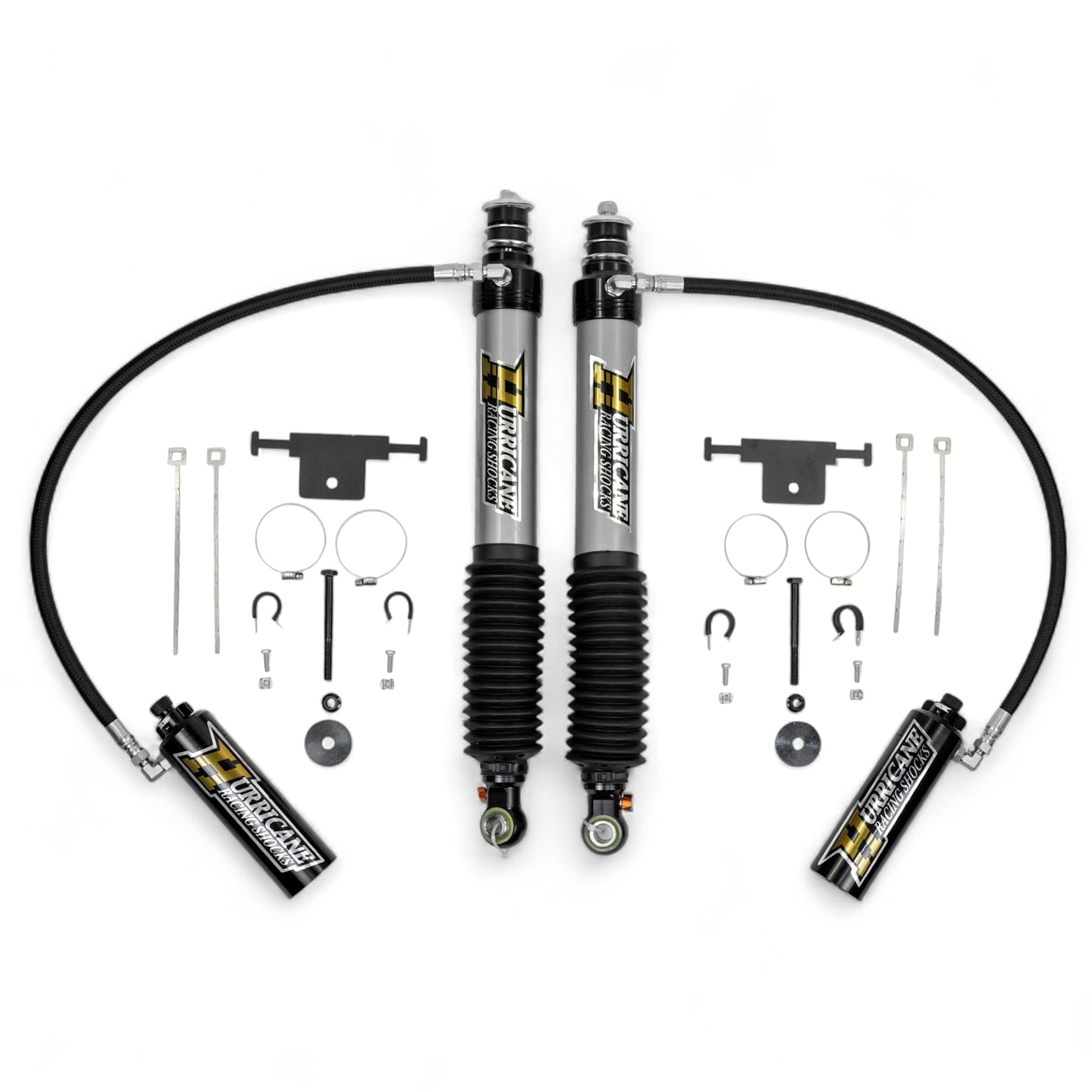 HURRICANE RACING EXTREME SERIES 2.5 FRONT COIL-OVER WITH REMOTE RESERVIOR & 2.5 MONOTUBE REAR SHOCKS WITH 3 -WAY (2 COMPESSION + 1 REBOUND) DAMPING ADJUSTMENT FOR TOYOTA FJ, PARADO & LEXUS