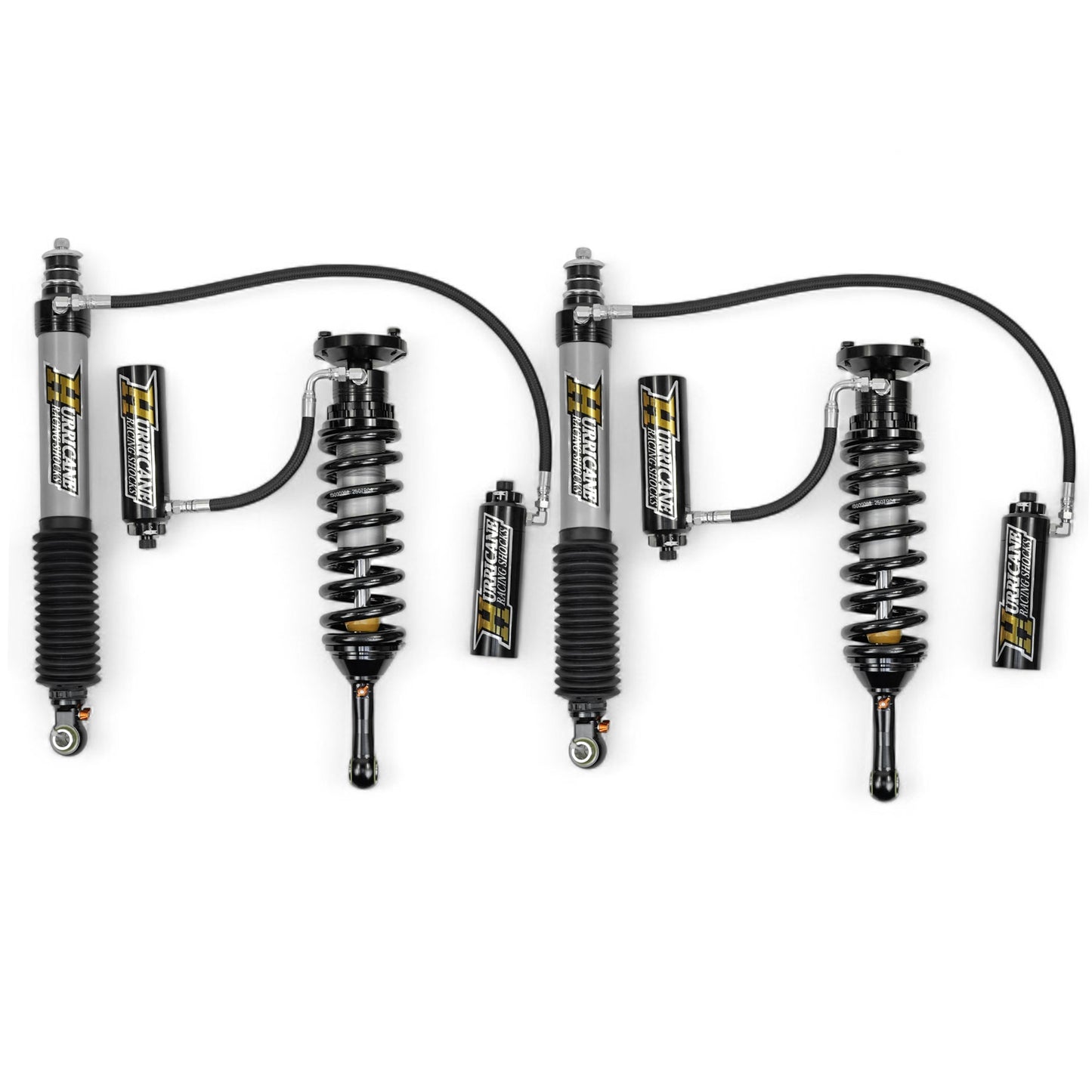 HURRICANE RACING EXTREME SERIES 2.5 FRONT COIL-OVER WITH REMOTE RESERVIOR & 2.5 MONOTUBE REAR SHOCKS WITH 3 -WAY (2 COMPESSION + 1 REBOUND) DAMPING ADJUSTMENT FOR TOYOTA FJ, PARADO & LEXUS