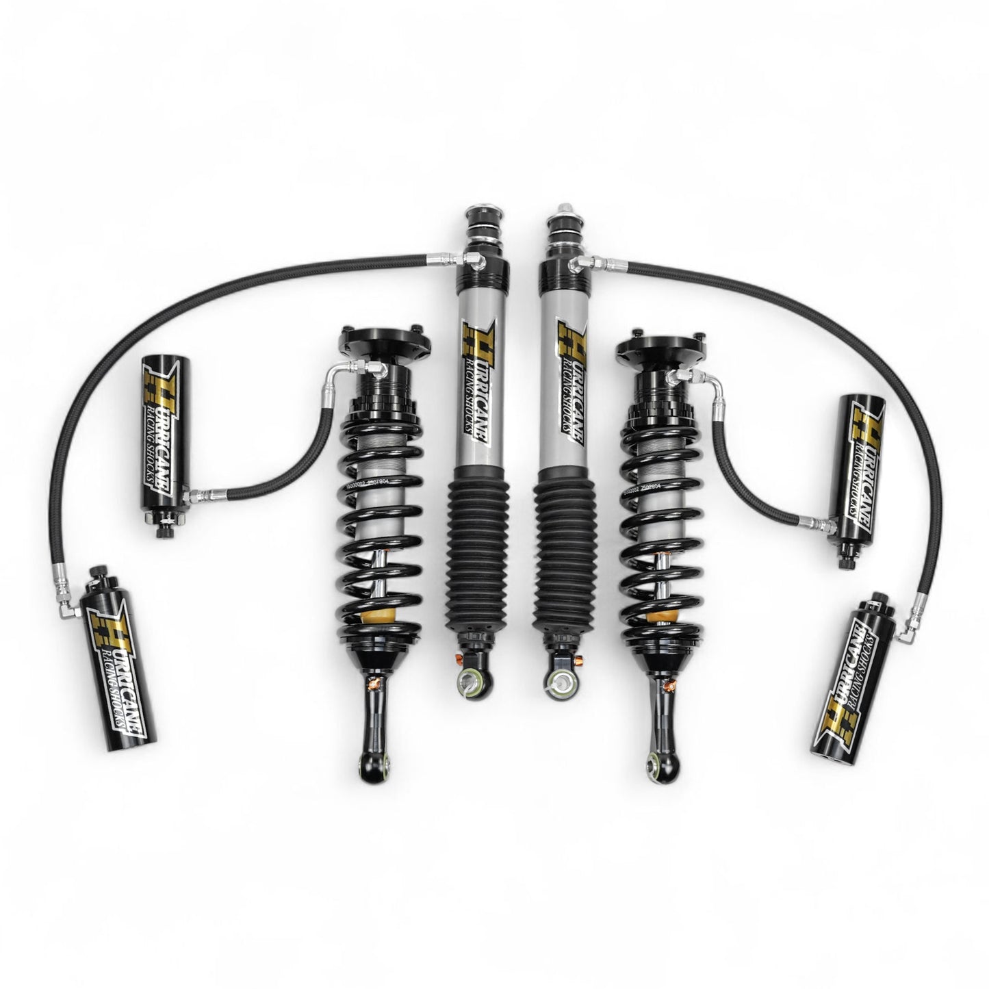 HURRICANE RACING EXTREME SERIES 2.5 FRONT COIL-OVER WITH REMOTE RESERVIOR & 2.5 MONOTUBE REAR SHOCKS WITH 3 -WAY (2 COMPESSION + 1 REBOUND) DAMPING ADJUSTMENT FOR TOYOTA FJ, PARADO & LEXUS