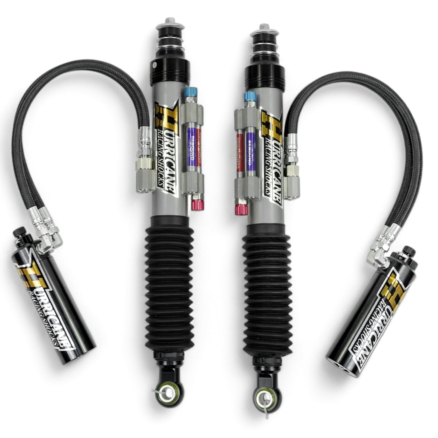 HURRICANE  RACING EXTREME SERIES 2.5 DUEL COMPRESSION ADJUST & SINGLE REBOUND ADJUST  FRONT COIL-OVER SHOCKS & 2.5 REAR EXTERNAL DUEL  BYPASS SHOCKS ( 1-2 " Lift) FOR FJ CRUISER PRADO, 4RUNNER AND FORTUNER