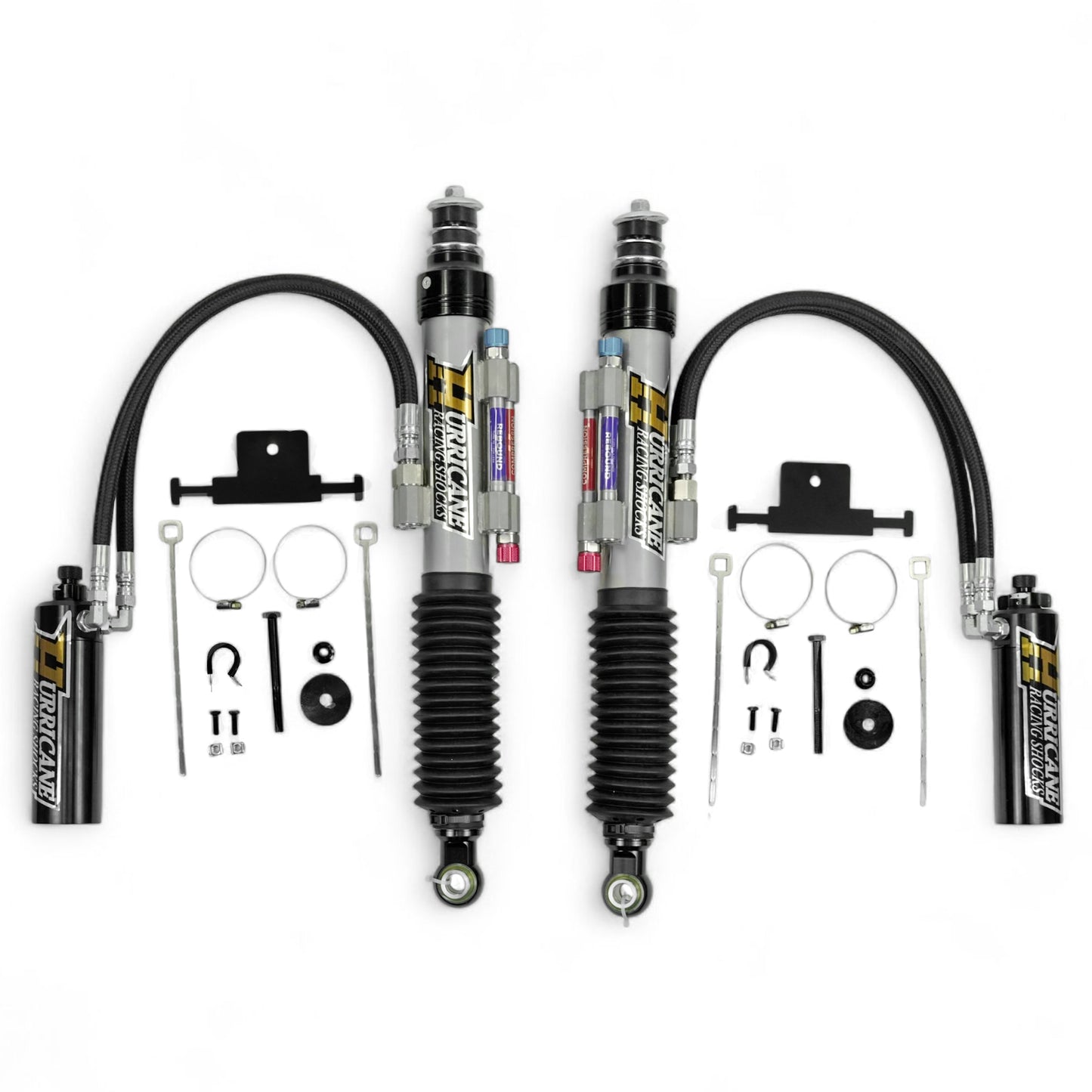 HURRICANE  RACING EXTREME SERIES 2.5 DUEL COMPRESSION ADJUST & SINGLE REBOUND ADJUST  FRONT COIL-OVER SHOCKS & 2.5 REAR EXTERNAL DUEL  BYPASS SHOCKS ( 1-2 " Lift) FOR FJ CRUISER PRADO, 4RUNNER AND FORTUNER