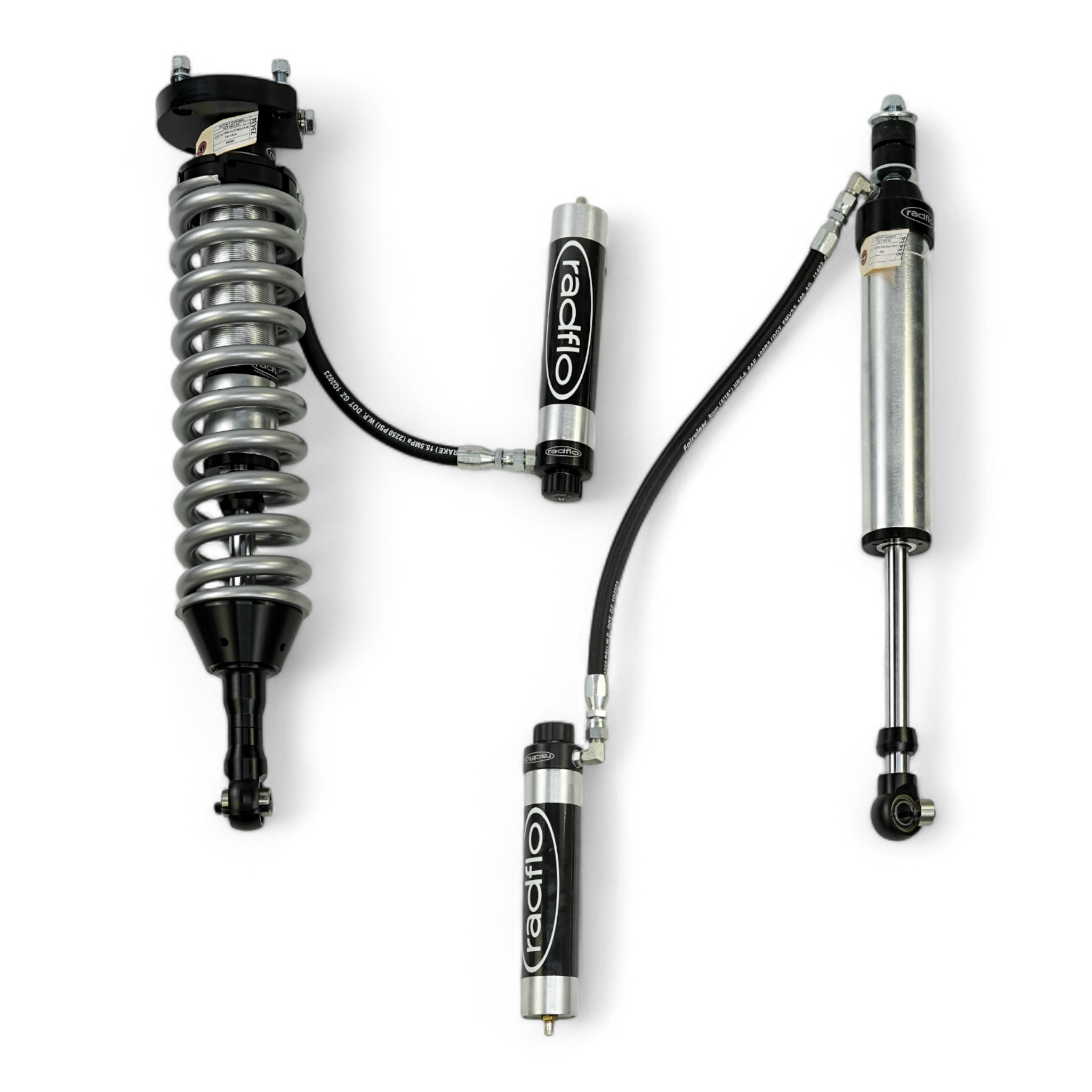 RADFLO OE REPLACEMENT 2.5 FRONT COILOVER KIT AND 2.5 REAR SHOCKS WITH REMOTE RESERVOIR AND COMPRESSION ADJUSTER EXTENDED FOR TOYOTA LANDCRUISER 200 SERIES 2007+  USE WITH AFTERMARKET UCA