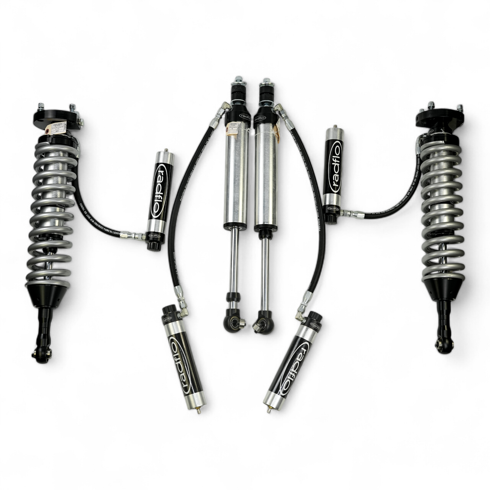 RADFLO OE REPLACEMENT 2.5 FRONT COILOVER KIT AND 2.5 REAR SHOCKS WITH REMOTE RESERVOIR AND COMPRESSION ADJUSTER EXTENDED FOR TOYOTA LANDCRUISER 200 SERIES 2007+  USE WITH AFTERMARKET UCA