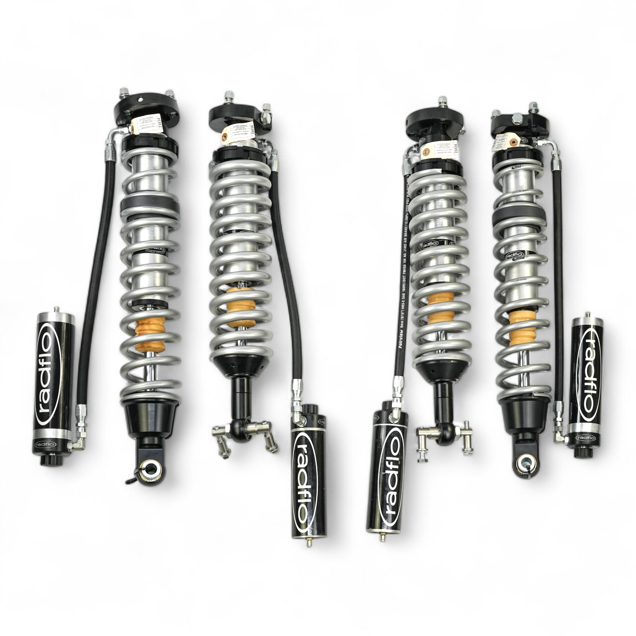 RADFLO OE REPLACEMENT 2.5 FRONT & REAR COILOVER KIT FORD BRONCO 2021+ WITH REMOTE RESERVOIRS ADJUSTERS EXTENDED TRAVEL FOR USE WITH AFTERMARKET UCA