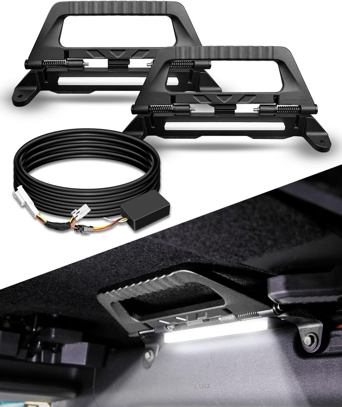 Aluminum Alloy Roll Bar Grab Handles with Interior LED Dome Light and Harness, Grip Handles Fits for Ford Bronco 2021-2023 Front Seat 2/4 Door, 2 Pack