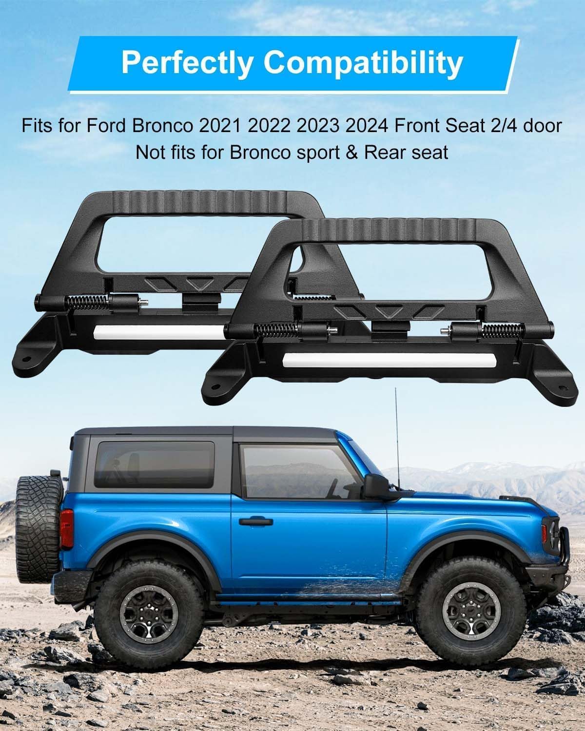 Aluminum Alloy Roll Bar Grab Handles with Interior LED Dome Light and Harness, Grip Handles Fits for Ford Bronco 2021-2023 Front Seat 2/4 Door, 2 Pack