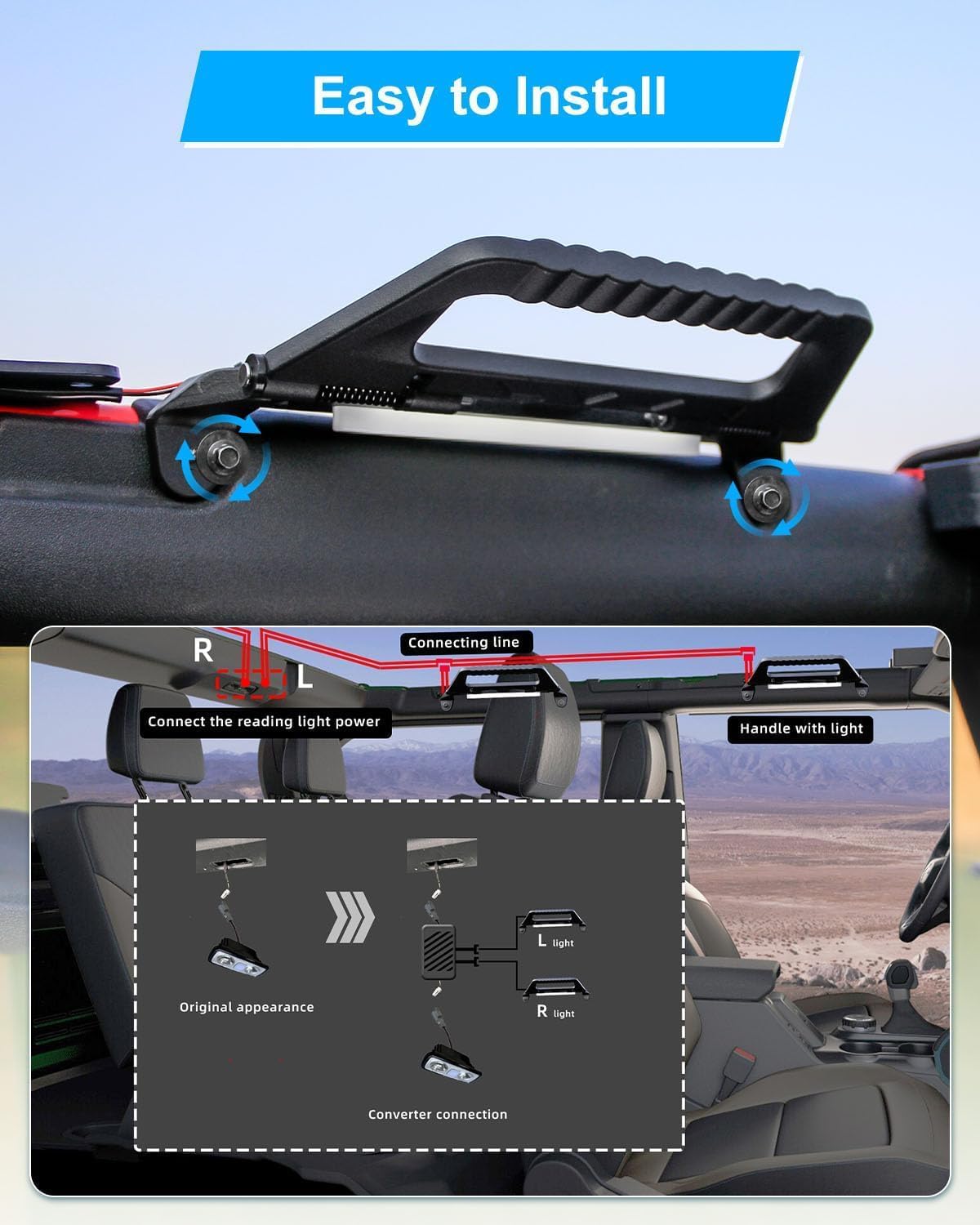 Aluminum Alloy Roll Bar Grab Handles with Interior LED Dome Light and Harness, Grip Handles Fits for Ford Bronco 2021-2023 Front Seat 2/4 Door, 2 Pack