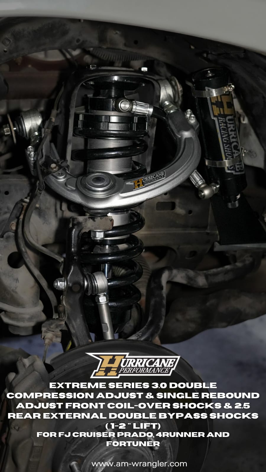 HURRICANE PERFORMANCE EXTREME SERIES 3.0 DOUBLE COMPRESSION ADJUST & SINGLE REBOUND ADJUST  FRONT COIL-OVER SHOCKS & 2.5 REAR EXTERNAL DOUBLE BYPASS SHOCKS ( 1-2 " Lift) FOR FJ CRUISER PRADO, 4RUNNER AND FORTUNER