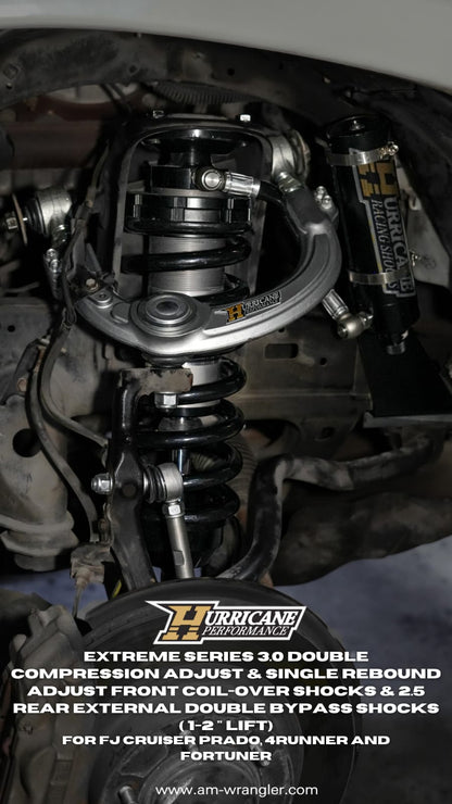 HURRICANE RACING EXTREME SERIES 3.0 DOUBLE COMPRESSION ADJUST & SINGLE REBOUND ADJUST  FRONT COIL-OVER SHOCKS & 2.5 REAR EXTERNAL DOUBLE BYPASS SHOCKS ( 1-2 " Lift) FOR FJ CRUISER PRADO, 4RUNNER AND FORTUNER