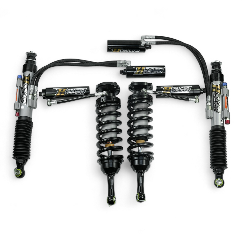 HURRICANE PERFORMANCE EXTREME SERIES 3.0 DOUBLE COMPRESSION ADJUST & SINGLE REBOUND ADJUST  FRONT COIL-OVER SHOCKS & 2.5 REAR EXTERNAL DOUBLE BYPASS SHOCKS ( 1-2 " Lift) FOR FJ CRUISER PRADO, 4RUNNER AND FORTUNER