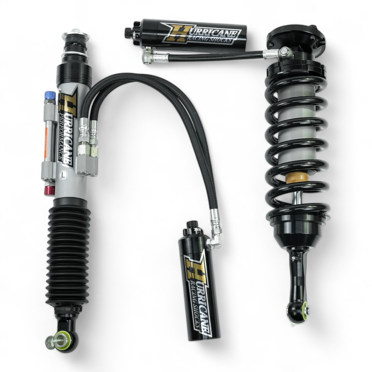 HURRICANE RACING EXTREME SERIES 3.0 DOUBLE COMPRESSION ADJUST & SINGLE REBOUND ADJUST  FRONT COIL-OVER SHOCKS & 2.5 REAR EXTERNAL DOUBLE BYPASS SHOCKS ( 1-2 " Lift) FOR FJ CRUISER PRADO, 4RUNNER AND FORTUNER