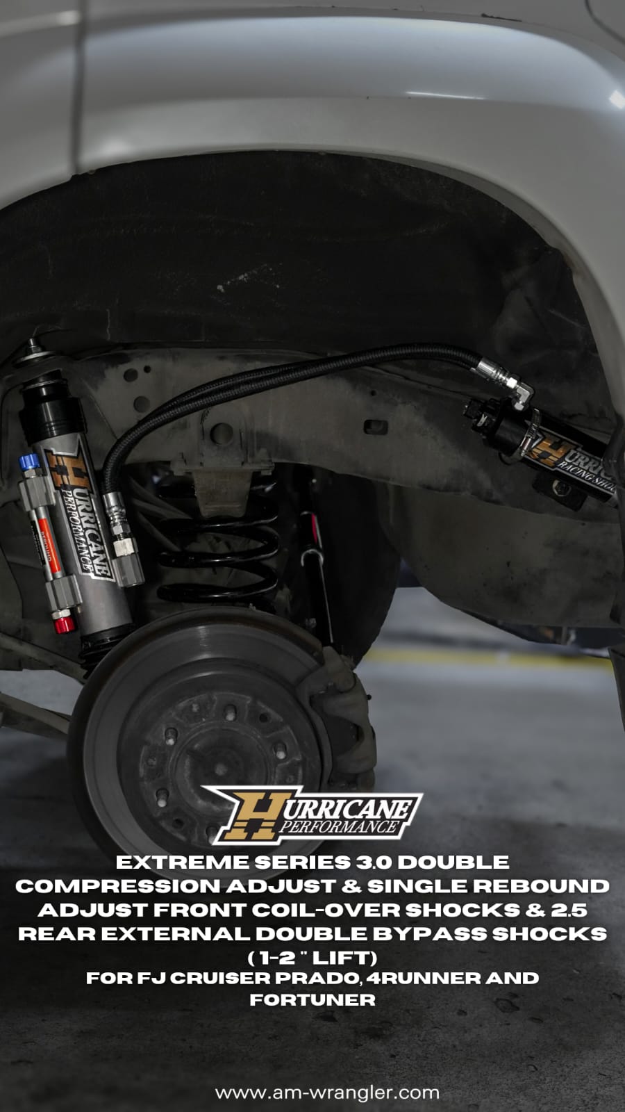 HURRICANE PERFORMANCE EXTREME SERIES 3.0 DOUBLE COMPRESSION ADJUST & SINGLE REBOUND ADJUST  FRONT COIL-OVER SHOCKS & 2.5 REAR EXTERNAL DOUBLE BYPASS SHOCKS ( 1-2 " Lift) FOR FJ CRUISER PRADO, 4RUNNER AND FORTUNER