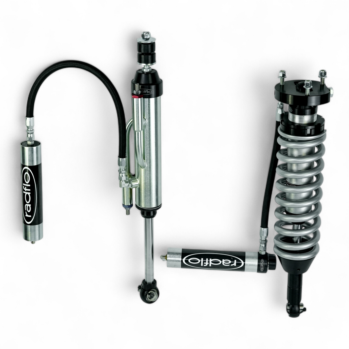 RADFLO OE REPLACEMENT 2.5 FRONT COILOVER WITH REMOTE RESERVOIR, COMPRESSION ADJUSTERS & 2.5 BYPASS 2 TUBE WITH REMOTE RESERVOIR  EXTENDED TRAVEL - TOYOTA FJ CRUISER 2010+ 4RUNNER 2010+ FOR TOTAL CHAOS MID TRAVEL OE REPLACEMENT