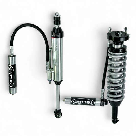 RADFLO OE REPLACEMENT 2.5 FRONT COILOVER WITH REMOTE RESERVOIR, COMPRESSION ADJUSTERS & 2.5 BYPASS 2 TUBE WITH REMOTE RESERVOIR  EXTENDED TRAVEL - TOYOTA FJ CRUISER 2010+ 4RUNNER 2010+ FOR TOTAL CHAOS MID TRAVEL OE REPLACEMENT