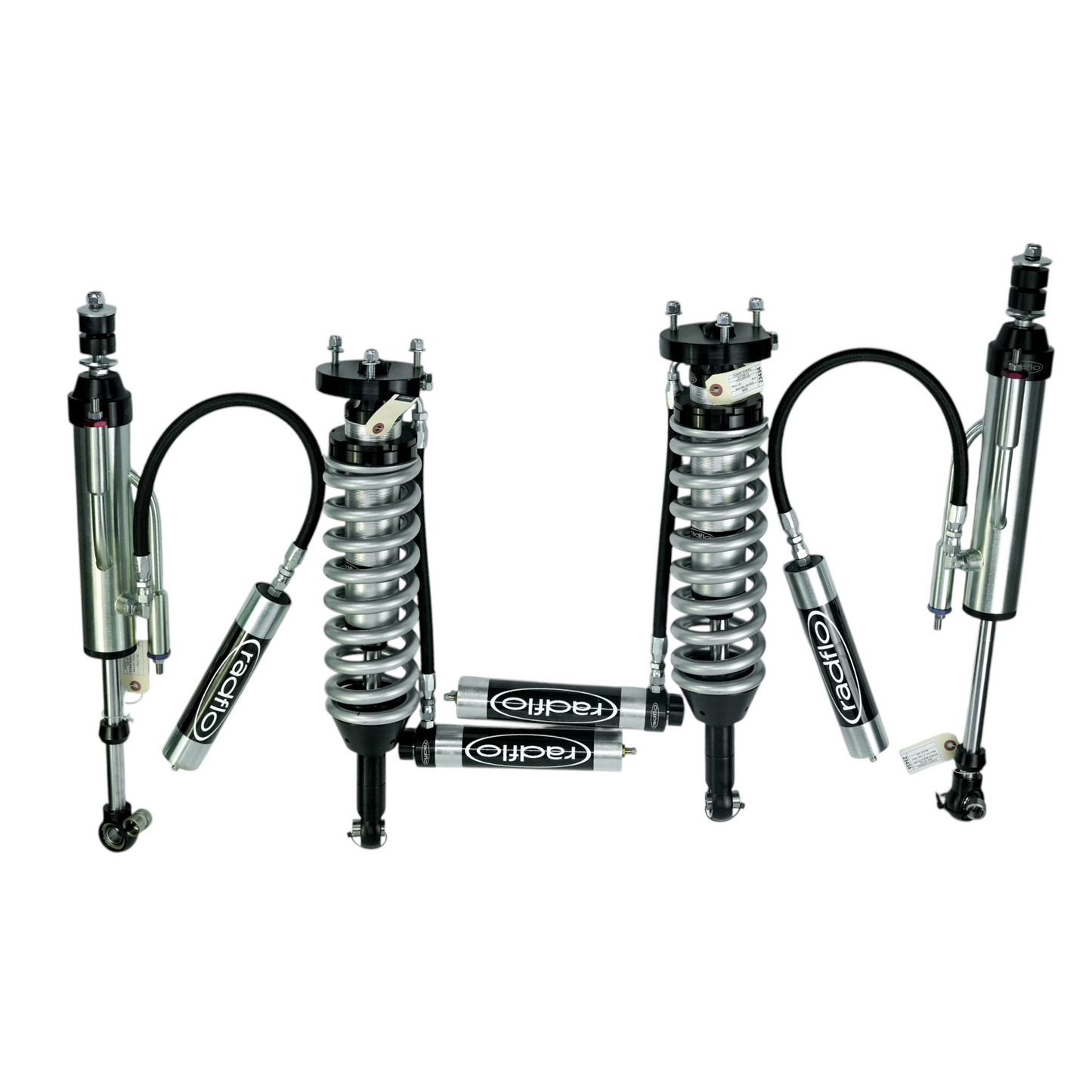 RADFLO OE REPLACEMENT 2.5 FRONT COILOVER WITH REMOTE RESERVOIR, COMPRESSION ADJUSTERS & 2.5 BYPASS 2 TUBE WITH REMOTE RESERVOIR  EXTENDED TRAVEL - TOYOTA FJ CRUISER 2010+ 4RUNNER 2010+ FOR TOTAL CHAOS MID TRAVEL OE REPLACEMENT