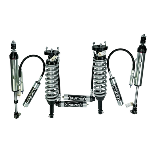 RADFLO OE REPLACEMENT 2.5 FRONT COILOVER WITH REMOTE RESERVOIR, COMPRESSION ADJUSTERS & 2.5 BYPASS 2 TUBE WITH REMOTE RESERVOIR  EXTENDED TRAVEL - TOYOTA FJ CRUISER 2010+ 4RUNNER 2010+ FOR TOTAL CHAOS MID TRAVEL OE REPLACEMENT
