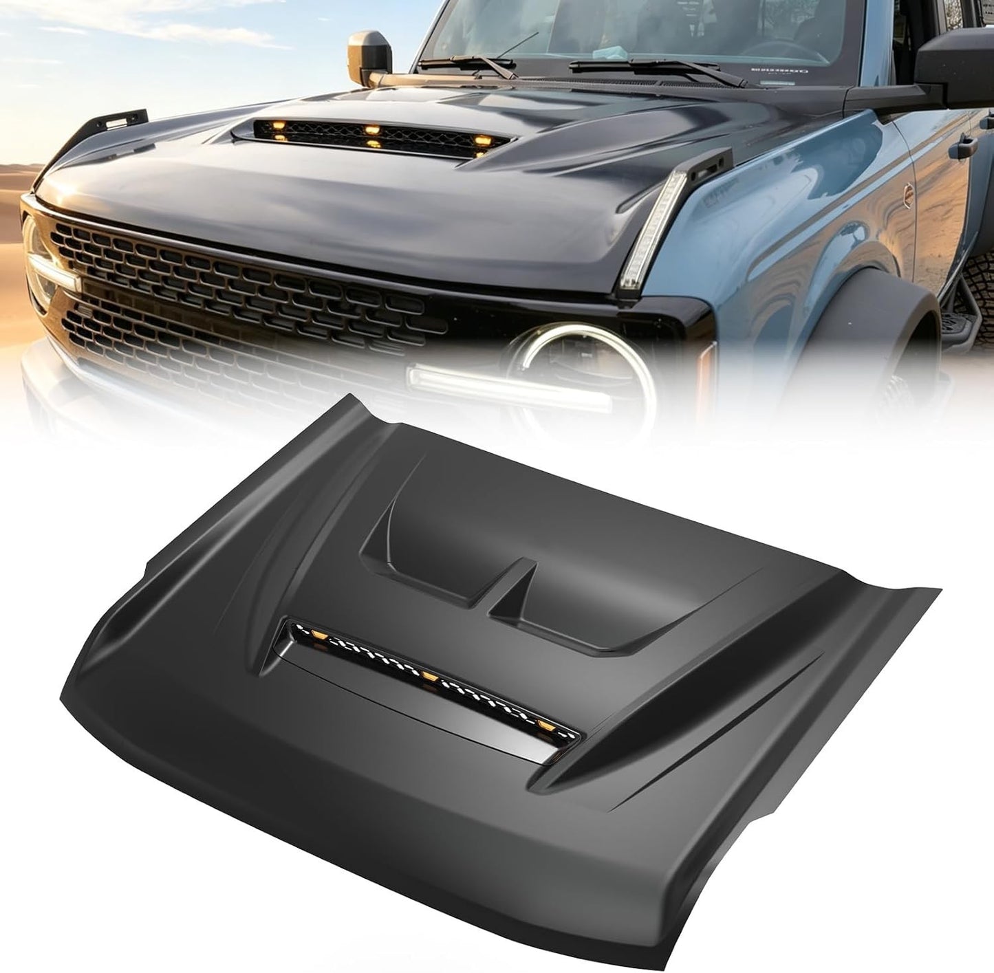 AMR Aggressive Aluminum Hood Panel with Air Vent & Amber Light for 21-26 Ford Bronco