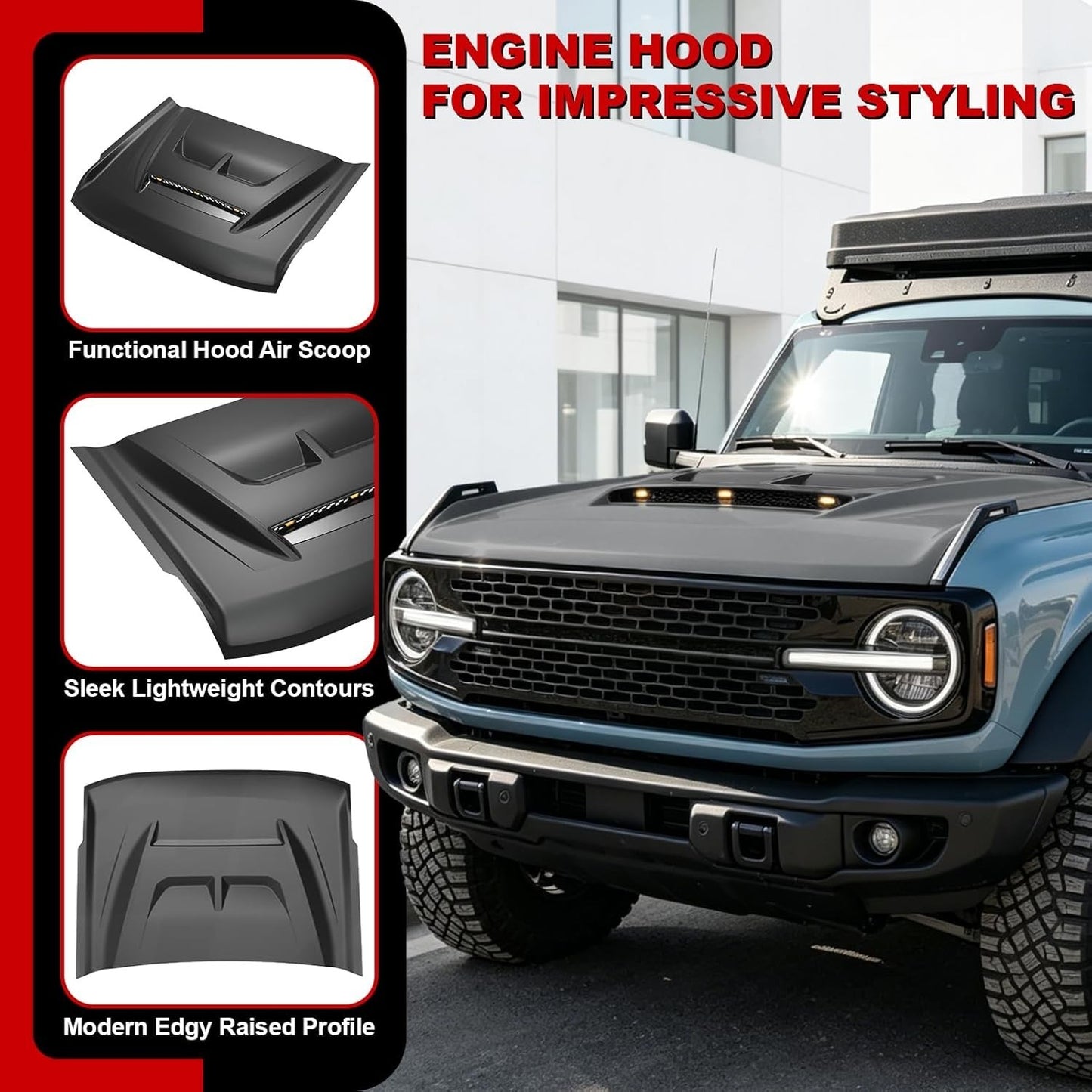 AMR Aggressive Aluminum Hood Panel with Air Vent & Amber Light for 21-26 Ford Bronco