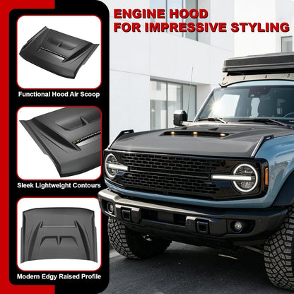 AMR Aggressive Aluminum Hood Panel with Air Vent & Amber Light for 21-26 Ford Bronco