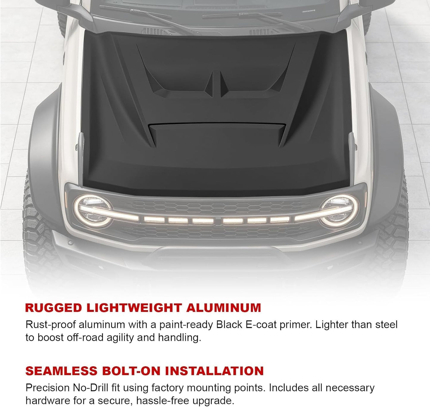 AMR Aggressive Aluminum Hood Panel with Air Vent & Amber Light for 21-26 Ford Bronco