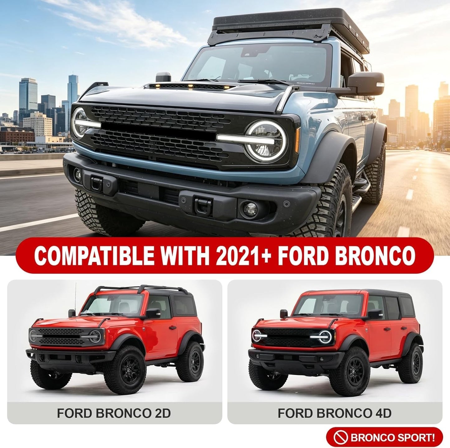 AMR Aggressive Aluminum Hood Panel with Air Vent & Amber Light for 21-26 Ford Bronco